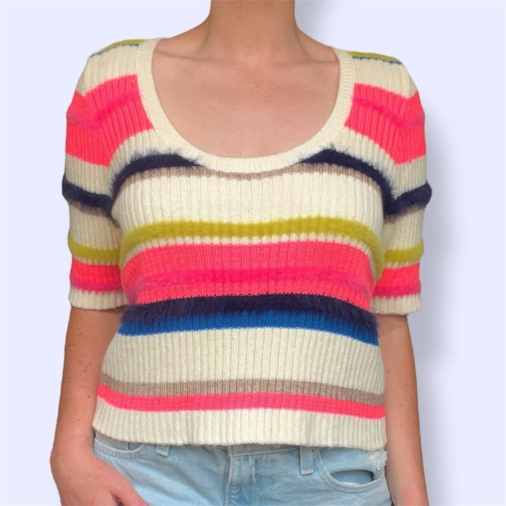 Anthropologie Maeve Women Short-Sleeve City MultiStripe Eyelash Sweater Top